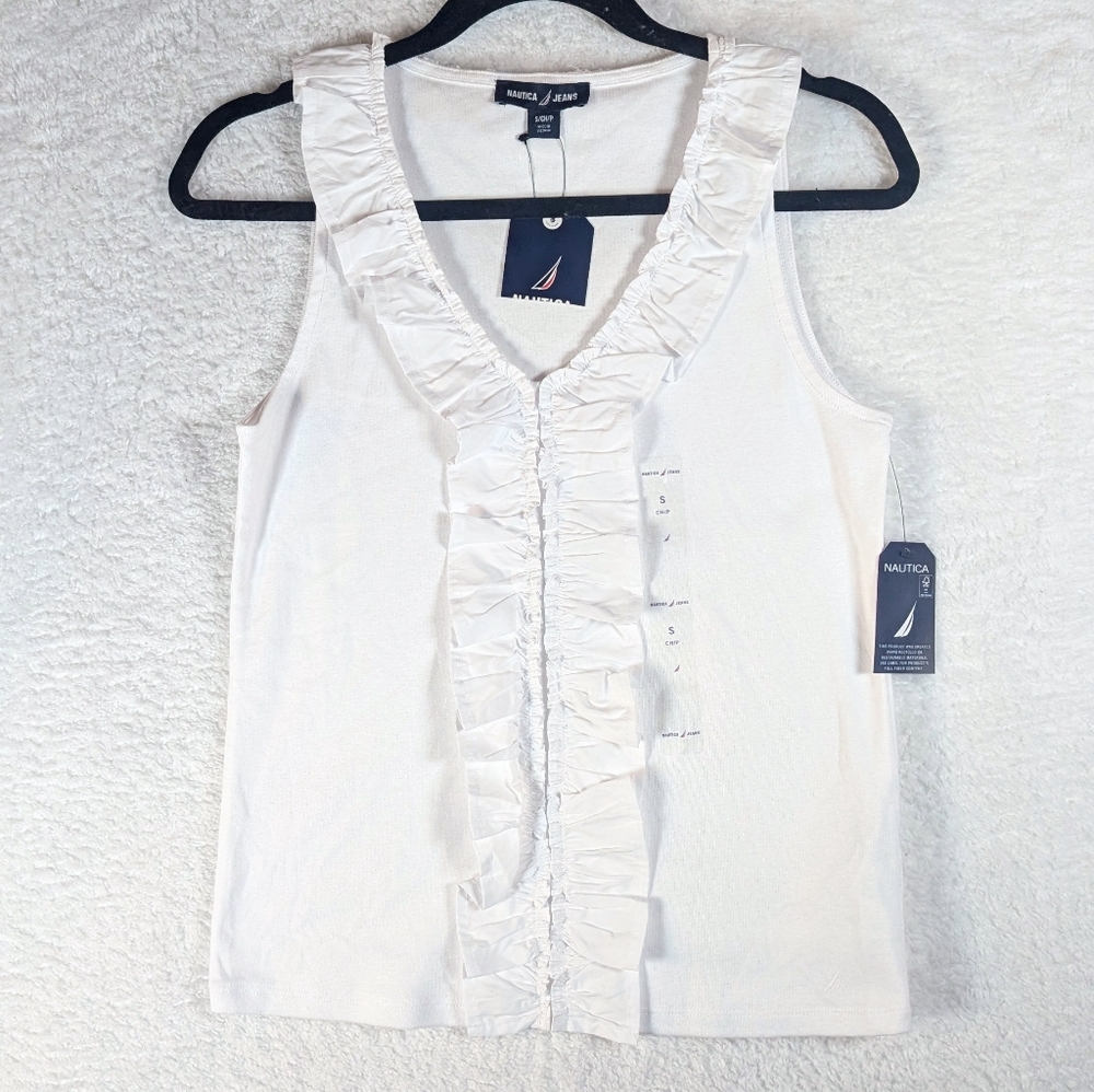 486-Nautica Women's Cream Ruffle Tank‎ Top